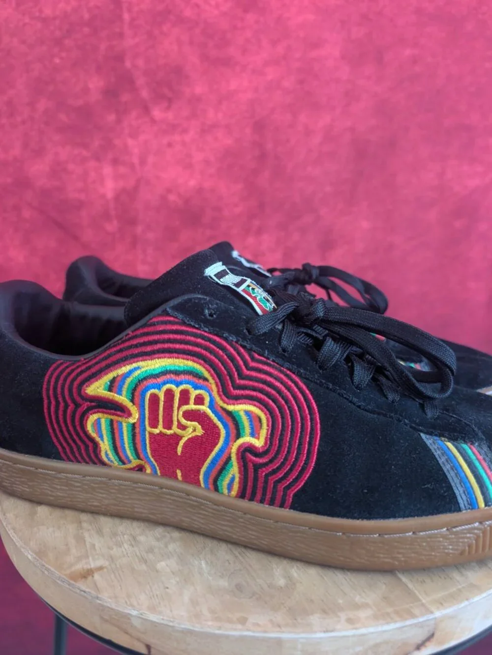 PUMA Suede PWR Thru Peace America Black with Rainbow Accent Fist